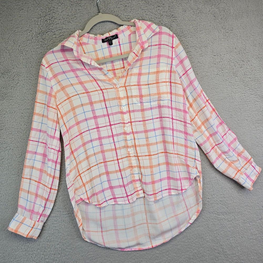 Velvet Heart Blouse Womens S Button Up Plaid Hi Low Colorful Chic Preppy Shirt
